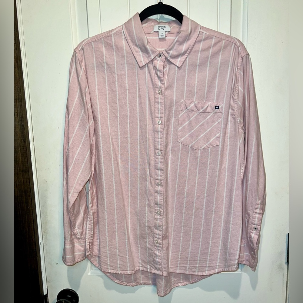 Crown & Ivy Light Pink Button-Up with White Stripes